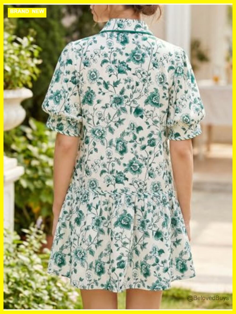 Women's Mini Dress: Short Puff Sleeve Floral Collared V-Neck Button Down Shirt - Picture 5 of 7